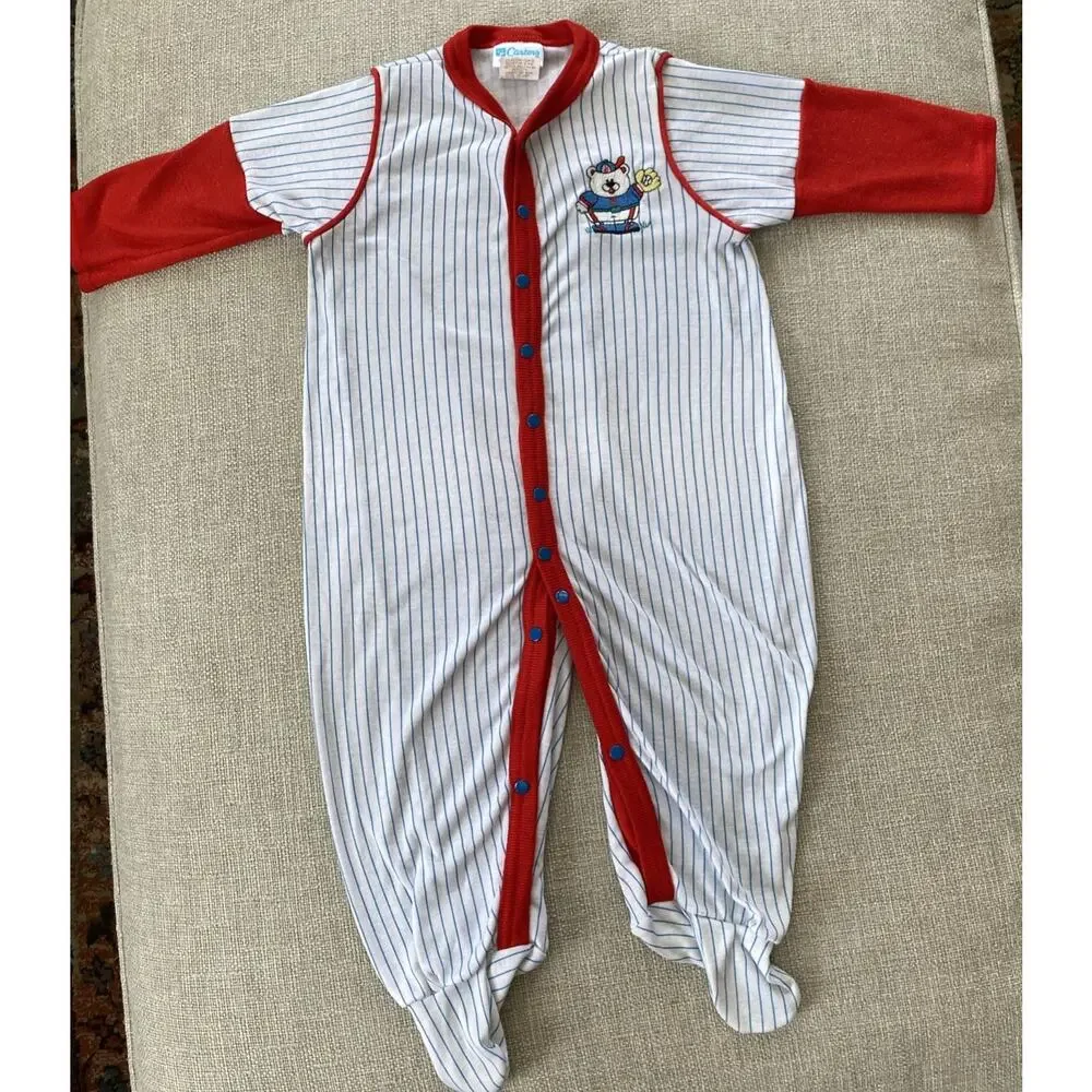 Vintage Carters 9mths Baseball Bear Striped One Pieces Outfit L USA 18/23 lbs
